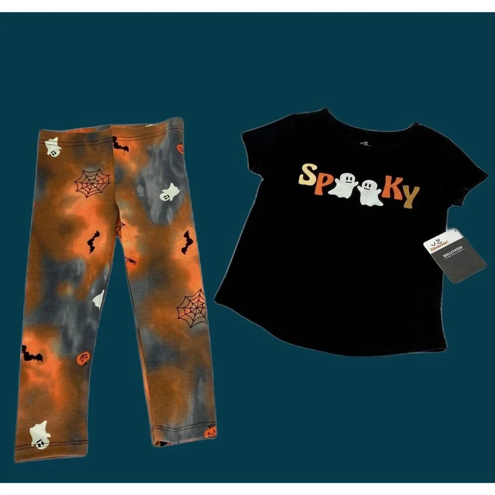 Halloween Girls Shirt Pants Set 3T Ghost Spooky Black Orange Tie Dye Knit
